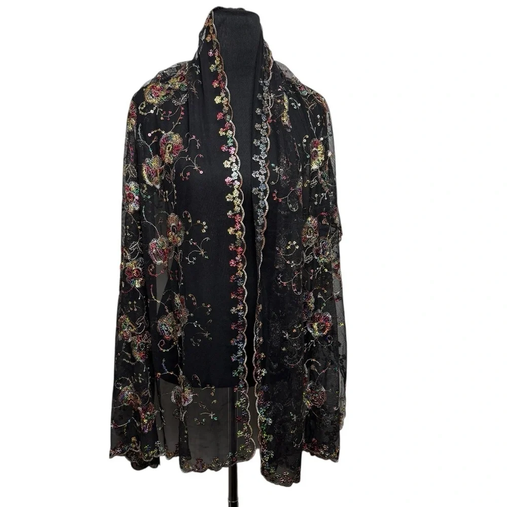 Scarf Embellish Sequins Floral Mesh Black Scarf Scallop Mantilla Whimsical Fairy